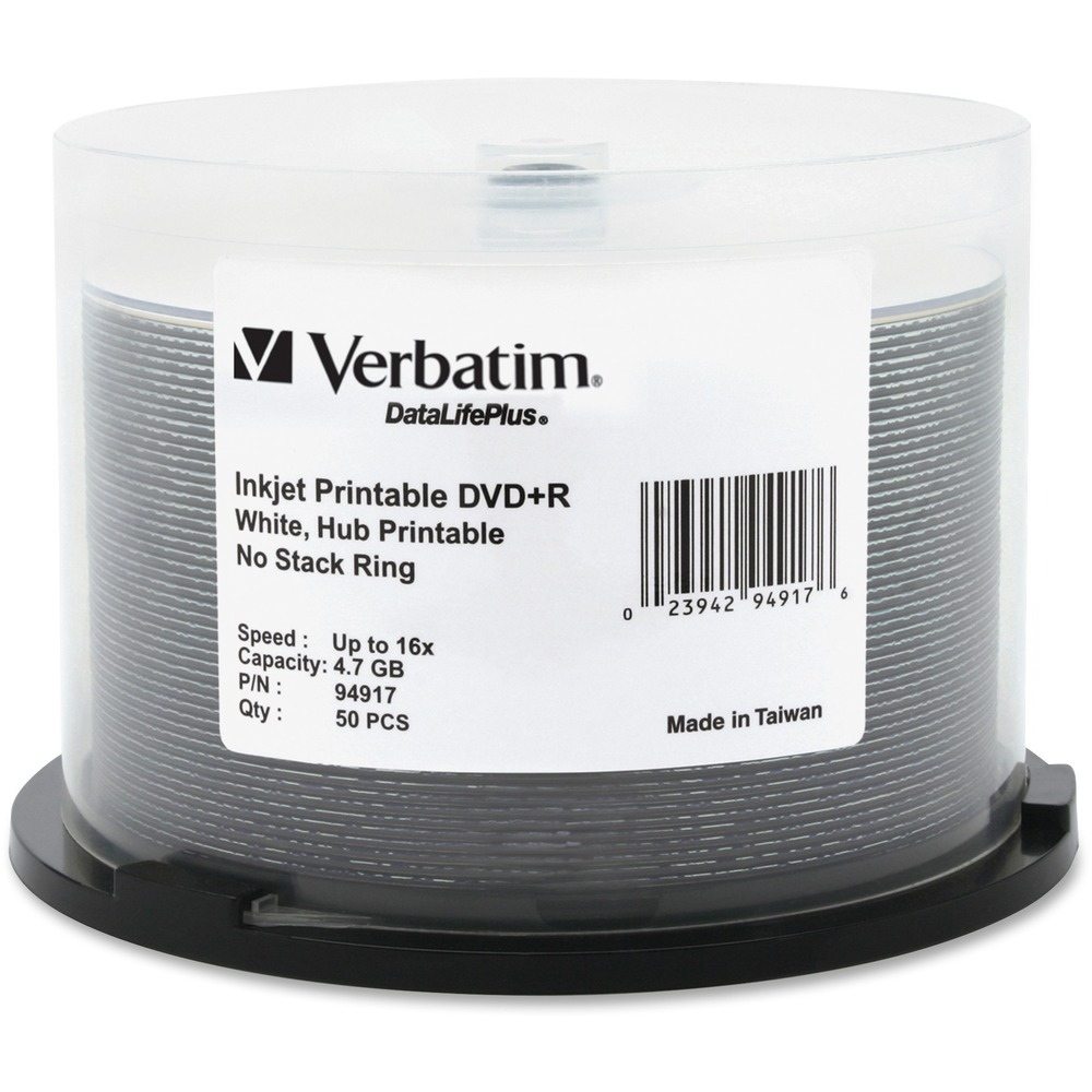 VER94917 - Combining an exceptional inkjet printable surface with professional grade, Metal Azo, recording performance and reliability, DataLife Plus White Hub Inkjet Printable DVD+R with 4.7GB is the ultimate choice for developing, customizing and distributing DVD content. Certified for 1X-16X DVD recording and preferred by DVD+R drive manufacturers, DataLife Plus DVD+R uses an advanced Metal Azo recording dye to provide the highest level of performance, compatibility, and archival life. DVD+Rs have been extensively tested and qualified for use with DVD/CD inkjet printers and duplicators offered by such leading industry manufacturers as Primera, Microboards and Epson. Compatible for full-surface, edge-to-edge printing. Superior ink absorption on high-resolution printer. Crisp and clear text reproduction. Crisp and clear text reproduction. Superior archival life. More from the Manufacturer