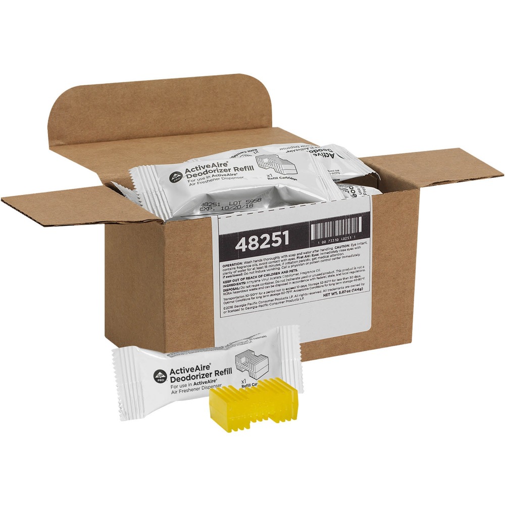 GPC48251 - Sunscape refill cartridge lets you leave the stress behind with a tropical island fragrance. Odor-neutralizing formula quickly removes unpleasant odors from the bathroom stall to help improve the perception of cleanliness. Its long-lasting scent provides sustained freshness for at least 30 days to provide a welcoming restroom experience for all. Plus, the easy-to-use design ensures quick, simple replacement to minimize maintenance times. Refill cartridge is designed for use with the Georgia Pacific ActiveAire In-Stall air freshener dispensers, including ActiveAire Automatic Freshener Dispenser for Compact Side-By-Side Toilet Paper Dispensers and stand-alone wall-mounted ActiveAire Automatic In-Stall Freshener Dispensers (sold separately).