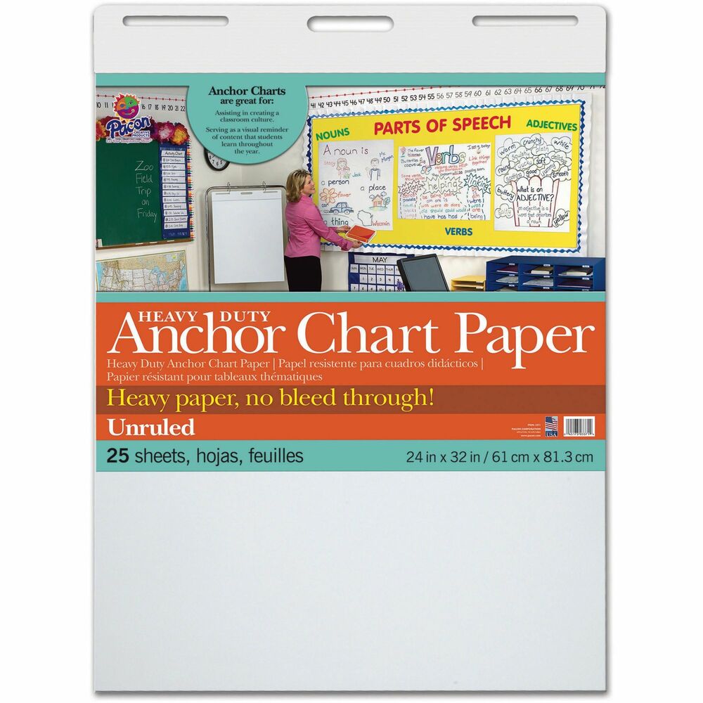 PAC3371 - Anchor chart features a heavy-duty paper construction to prevent inks from bleeding through from page to page. Unruled format offers a completely blank surface for endless creativity. Convenient handle allows easy transportation from location to location. Anchor chart is perfect for creating a classroom culture while serving as a visual reminder of strategies, vocabulary and other content that students learn throughout the school year.