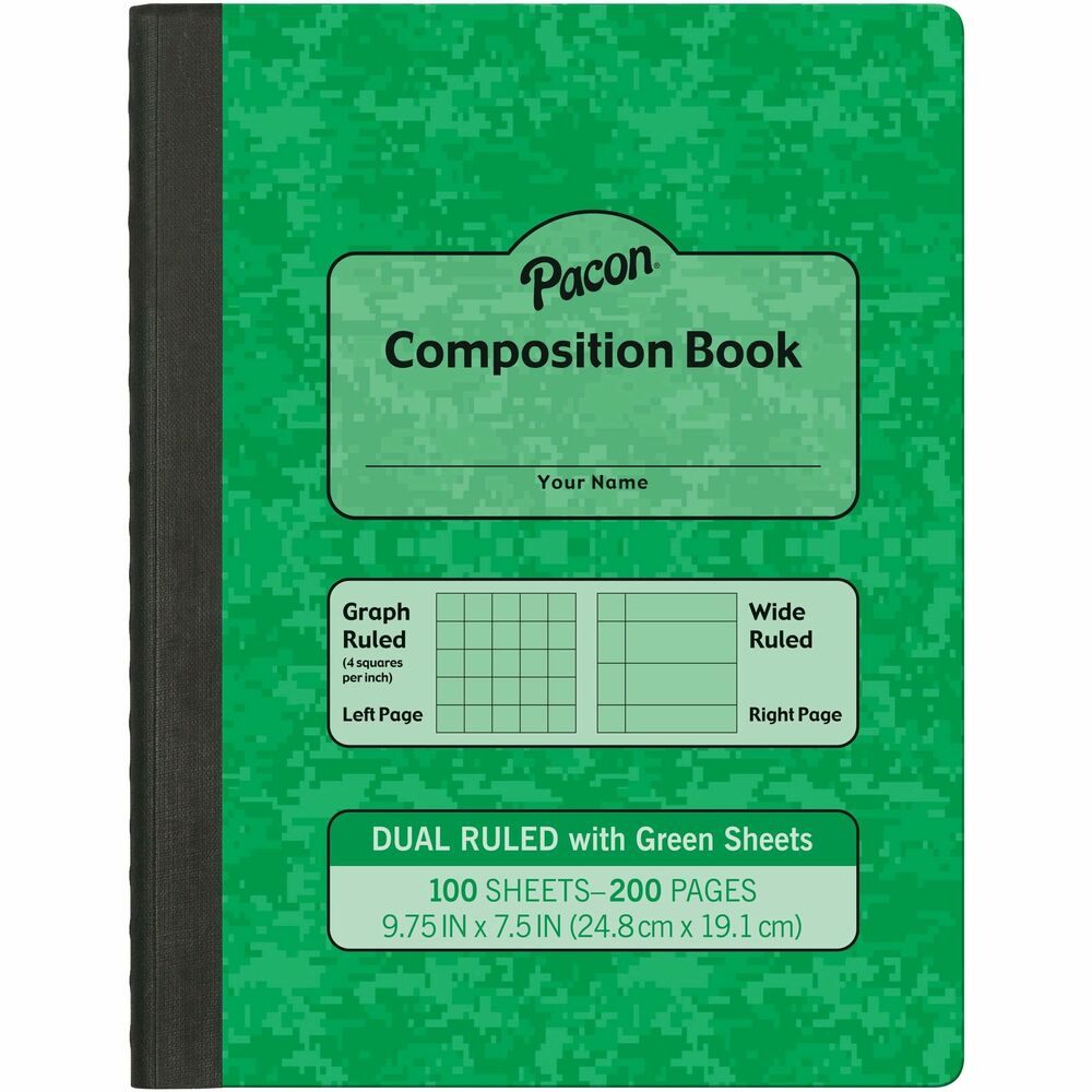 PACMMK37162 - Dual-Ruled Composition Book features two alternating ruling styles. The right-hand page offers a 3/8" wide ruling for traditional note-taking while the left-hand page features a 1/4" grid ruling to draw coordinating graphs, illustrations and interpretations. Note-taking in this manner engages both hemispheres of the brain. Durable, hard cover protects the 100 green sheets inside. Using colored paper has been shown to help students with dyslexia work through the impacts of this learning disability. Colors also allow students to organize by class, theme or semester.