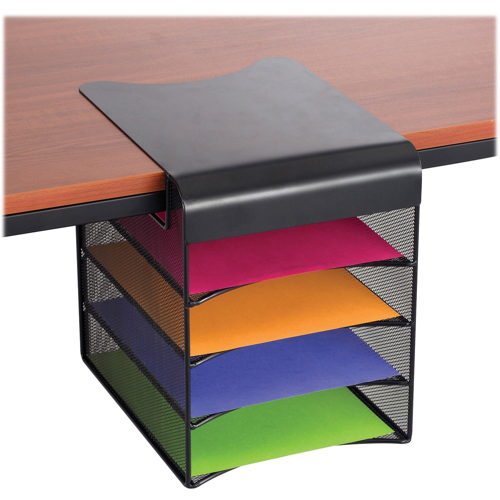 SAF3242BL - Hanging organizer with a solid top provides easily accessible desktop storage whether you are sitting or standing at your desk. It prevents you from excessive bending or reaching to access your storage. Your storage moves with you as you sit or stand. Hanging organizer fits up to 1-3/4" thick desktops and secures with the included rubber-headed tightening screw for secure, nondamaging installation. Steel wire mesh construction features a durable, scratch-resistant, powder-coat finish. Hanging storage includes four horizontal sections. Each section is designed to hold not only your active papers and notes but standard-size file folders. Organizer hangs flush with desktop.
