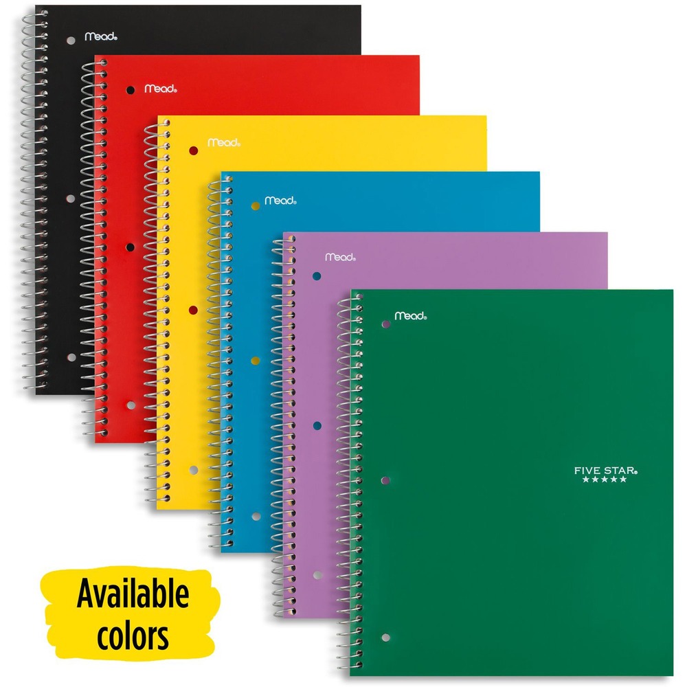 MEA05200 - One-subject notebook features durable, water-resistant covers to keep your notes protected all year long. Wide-ruled, high-quality paper resists ink bleed to help keep your writing legible. Neat sheet pages are perforated for clean, consistent removal. Spiral lock wire prevents the coil from snagging onto your clothing. Reinforced storage pockets help prevent them from tearing out. Available in assorted colors. Color is chosen for you.