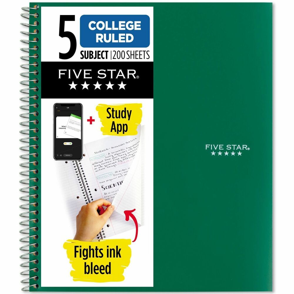 MEA72079 - Five-subject notebook features durable, water-resistant covers to keep your notes protected all year long. College-ruled, high-quality paper resists ink bleed to help keep your writing legible. Neat sheet pages are perforated for clean, consistent removal. Spiral lock wire prevents the coil from snagging onto your clothing or backpack. Dividers separate your subjects and provide easy storage for your loose files and notes.