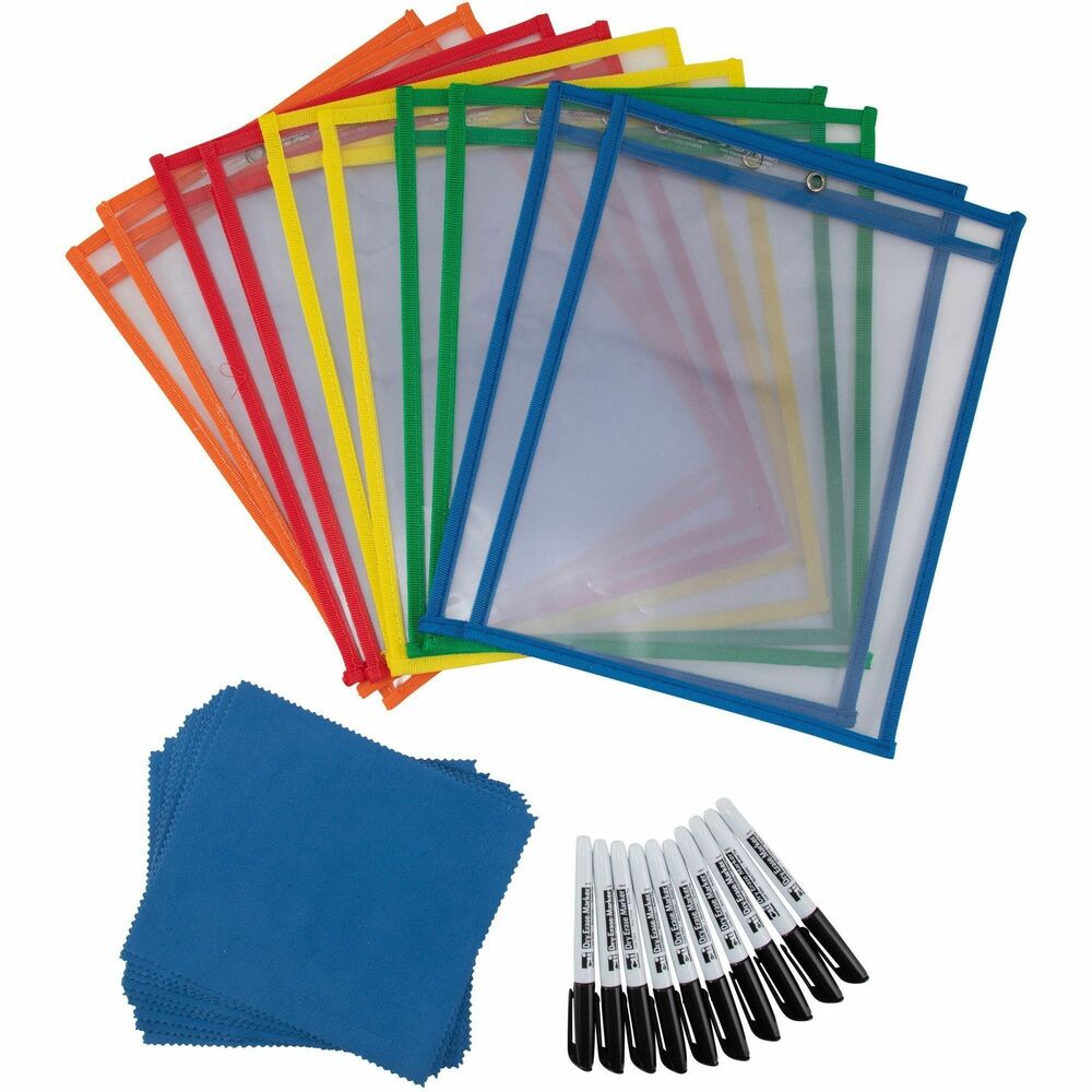 LEO29130 - Dry-erase pocket pack offers everything you need to reduce paper waste in your classroom. Transparent pockets with a side panel opening protect your worksheets by allowing students to write directly on the pocket as they work through each sheet. Black dry-erase markers feature bullet tips for crisp, precise handwriting on the pockets. Multipurpose cloths provide a quick, simple way to remove marks and are washable for lasting use. Just hand out your worksheets and your students are ready to begin their lesson.