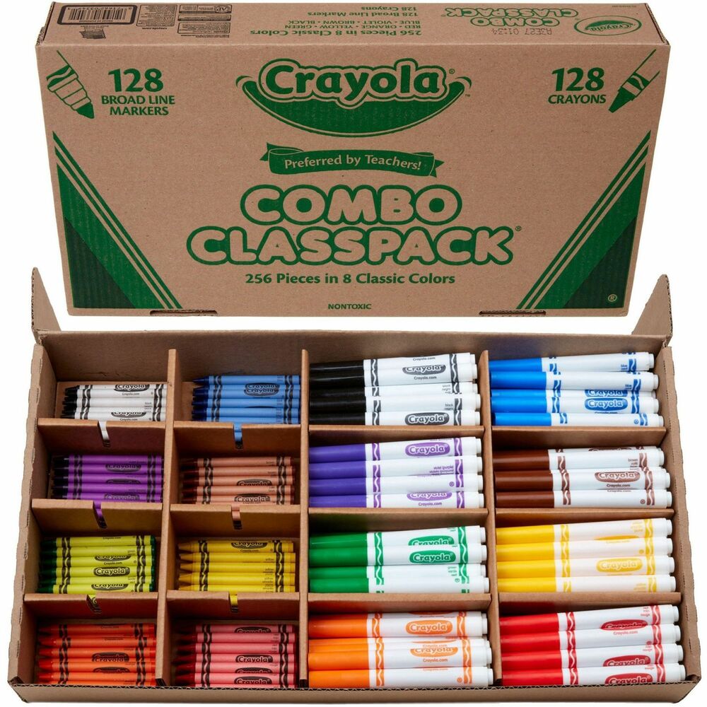 CYO523349 - Versatile set combines two Crayola classics into one pack. This Crayons and Markers Classpack includes classic crayons and classic broad-line markers in eight different colors. The set includes 128 crayons and 128 markers - enough for the whole class. Wax crayons feature a soft texture that glides smoothly on paper. These nontoxic crayons won't make a mess and are double-wrapped to resist breakage. High-quality, true-to-color ink of the markers add bold color to artwork, school assignments and other creative projects. Sturdy conical tips make them ideal for coloring in large areas. They also work well for drawing thin lines or dots. Broad-line markers lay down plenty of color and won't smudge or bleed through paper. Crayola Markers contain recycled plastic resin, which keeps hundreds of tons of plastic out of landfills every year.
