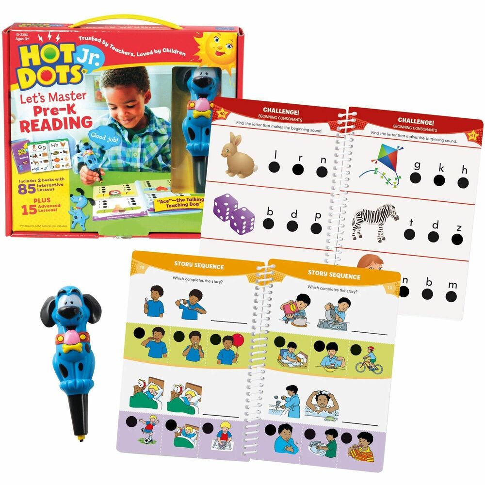 EII2390 - Two-book set features 100 lessons on a variety of beginning reading skills from letter-recognition to reading readiness activities. Included Hot Dots pen offers a playful, interactive learning experience to encourage independent learning. Plus, it provides confidence-building feedback by responding with congratulatory phrases for correct answers and gentle redirection for incorrect answers. Pre-kindergarten level lessons include letter recognition, reading readiness, phonics, sight words, punctuation and grammar, and challenge reading lessons for advanced learners. Electronic pen requires two AAA batteries (sold separately).