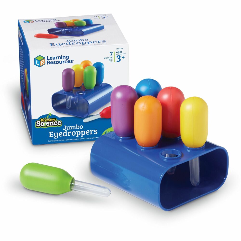 LRNLER2779 - Jumbo eyedroppers are large enough for young learners to easily experiment with cause and effect while they build fine-motor skills. Convenient stand keeps each eyedropper vertically positioned for quick access. Eyedroppers are a perfect addition to science centers or sensory tables. Eyedroppers are designed for children ages 3 and up.