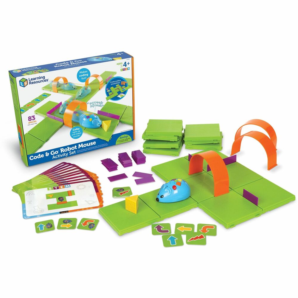 LRNLER2831 - This robot mouse activity set lets students create the path for Colby, the programmable robot mouse, and watch him race to find the cheese. Start by building your maze and then use the coding cards to create a step-by-step path for Colby for a hands-on introduction to coding concepts. Colby lights up, makes sounds and features two speeds along with colorful buttons to match coding cards for easy programming and sequencing. Create your path with 16 maze grids to create a 20" x 20" maze board, 22 maze walls and three tunnels for endless possibilities. Deluxe activity set includes 30 double-sided coding cards, 10 double-sided activity cards, cheese wedge and activity guide. Activity set is designed for children ages 5 and above.