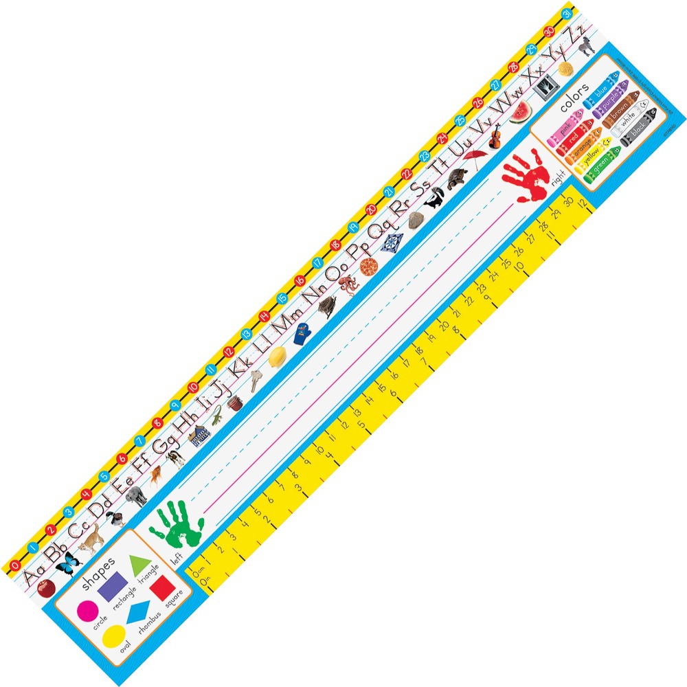 TEP69401 - Put a world of facts at children's fingertips with this colorful nameplate. It is grade-appropriate and features language arts and math facts. The top features numbers from 0 to 30 on a segmented line. The next line displays the alphabet in uppercase and lowercase letters with a small, full-color image representing each letter. Beside the ruled space for the name are six basic shapes and their names on one side and colors and their names on the other side as well as a green left hand and red right hand for convenient reminders for young learners. Below the name space is a 12" yellow ruler with graduations in centimeters and inches. PreK-1 Zaner-Bloser Desk Topper Reference Nameplate is recommended for preschoolers and first-graders.