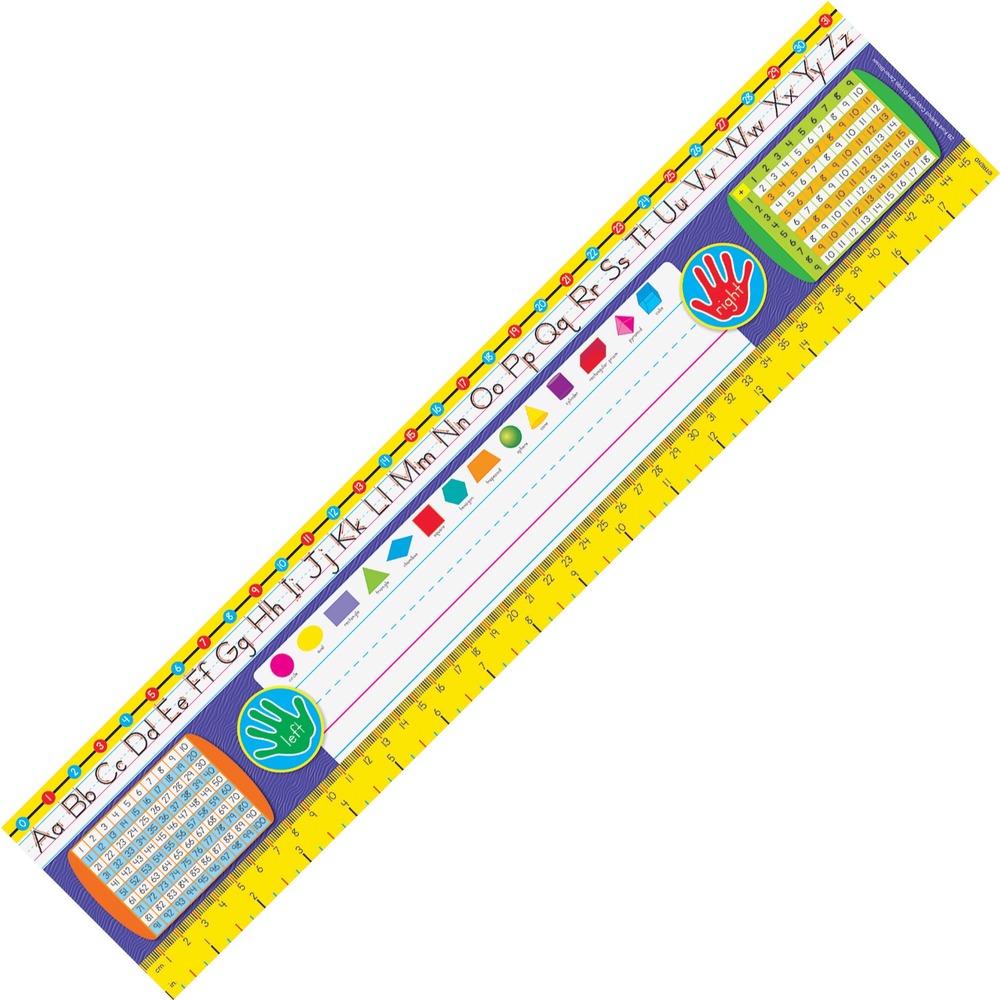 TEP69402 - Put a world of facts at children's fingertips with this colorful nameplate. It is grade-appropriate and features language arts and math facts. The top features numbers from 0 to 31 on a segmented line. The next line displays the alphabet in uppercase and lowercase letters. Beside the ruled space for the name are numbers from 1 to 100 and an addition table as well as a green left hand and red right hand for convenient reminders for young learners. Just above the name space are 14 shapes and their names. Below the name space is an 18" yellow ruler with graduations in centimeters and inches. Zaner-Bloser Desk Topper Reference Nameplate is recommended for second-graders and third-graders.