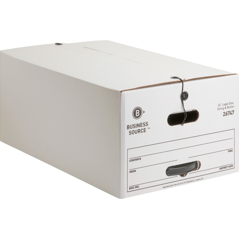 BSN26747 - Storage box features sturdy corrugated construction for strength and value. String-and-button closure securely stores your legal-size files or other box contents. Quick setup means faster assembly. Medium-duty construction offers a stacking strength of 580 lb. Storage box is made with a high percentage of post-consumer recycled content.