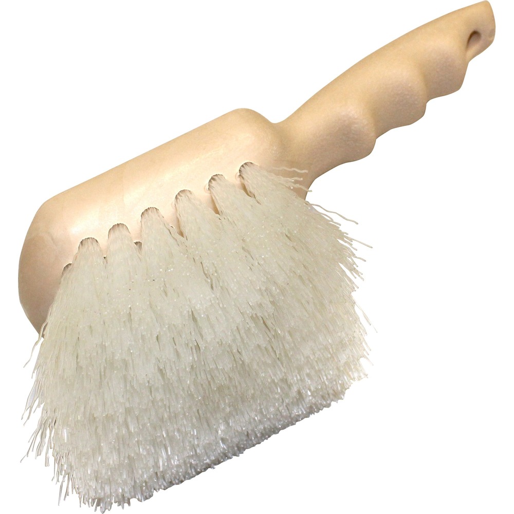 GJO98215 - This Nylon Utility Brush features silky, flexible synthetic fiber with superior abrasion-resistance. The fibers are also heat-resistant. Brush stands up to common cleaners, detergents, acids or alkalis, and has excellent water-retention. It does not mat or hold odors. Eyelet in the easy-to-grip, 9" handle allows easy hanging. Structural foam block offers a reliable construction. Brush is recommended for general cleaning in foodservice and institutional environments.