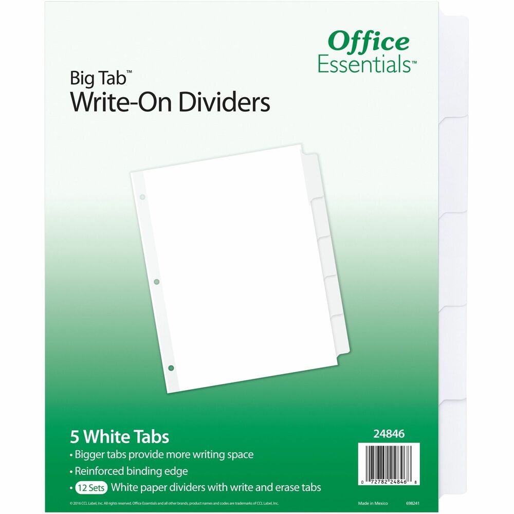 AVE24846 - Economical white dividers cater to a variety of binder organization needs. The write-on tabs offer 50 percent more writing space than standard tabs. Use a pen or pencil to customize the tabs. Clear, reinforced binding edge offers extra durability to the three-hole punched design. Divider paper is white. The five tabs are also white for uniform filing.