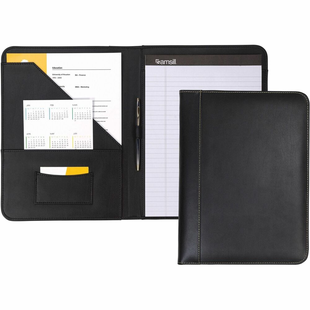 SAM71710 - Take control of your day with this leather padfolio. Included writing pad offers a convenient way to take notes on-the-go. Large document pocket organizes loose files, folders and documents for enhanced organization. Card slot provides easy access to your cards for immediate retrieval. Pen holder ensures you always have a writing utensil within quick reach.