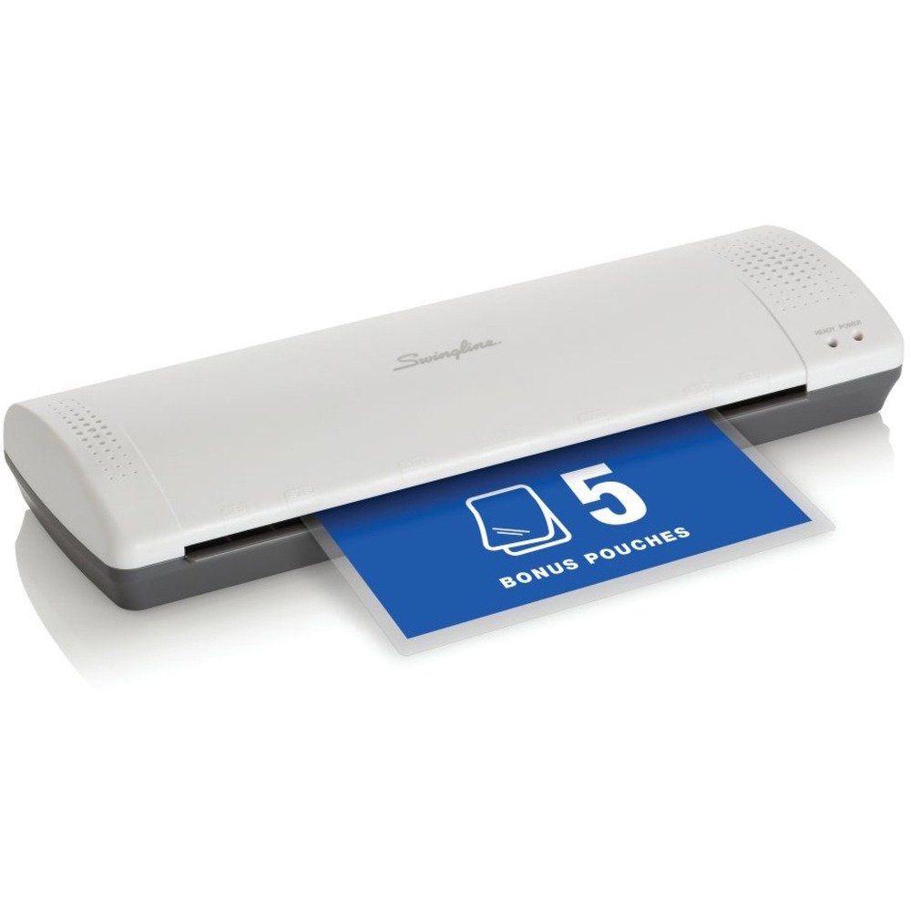 SWI1701867 - Inspire Plus Laminator features a short warm-up time and simple settings for a quick, easy way to laminate your favorite photos, award certificates and more. A single power setting eliminates the need to switch the setting based on pouch thickness for simple operation. Power indicator and ready indicator light let you quickly see when you can begin laminating. Laminator is compatible with 3 and 5 mil lamination pouches for durable lamination protection that remains flexible. Or, you can also select the cold option to laminate pressure-sensitive, self-adhesive lamination pouches. With a laminating speed of 10" per minute, you can remain productive and still protect all your important documents and favorite photos. A jam-release lever is included to easily clear misfed, wrapped or jammed pouches. Laminator includes a starter pack of five letter-size, thermal lamination pouches with standard thickness.