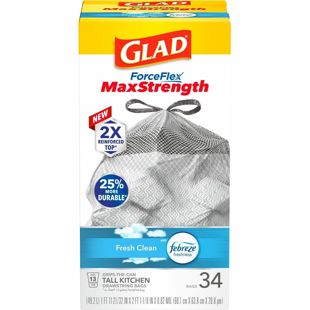 CLO70320 - Glad ForceFlex MaxStrength Tall Kitchen Trash Bags provide strength and Fresh Clean scent with Febreze Freshness to help your business smell fresh. These 13-gallon bags are 25 percent more durable vs. 13-gallon Glad ForceFlex with a 2X reinforced top compared to a standard, 13-gallon Glad kitchen bag to pull and carry, helping prevent rips at the top. It also features an outer leak protection layer and inner layer that stretches to help prevent rips and tears. Great for commercial facilities like restaurants, offices, cafeterias, schools, gyms, studios and more, these bags feature OdorShield technology that provides odor control to help fight smells. For bags made in Glad U.S. plants, they are made with 100 percent renewable electricity, and all electrical energy used is offset by virtual power purchase agreements and purchased renewable energy certificates (RECs).
