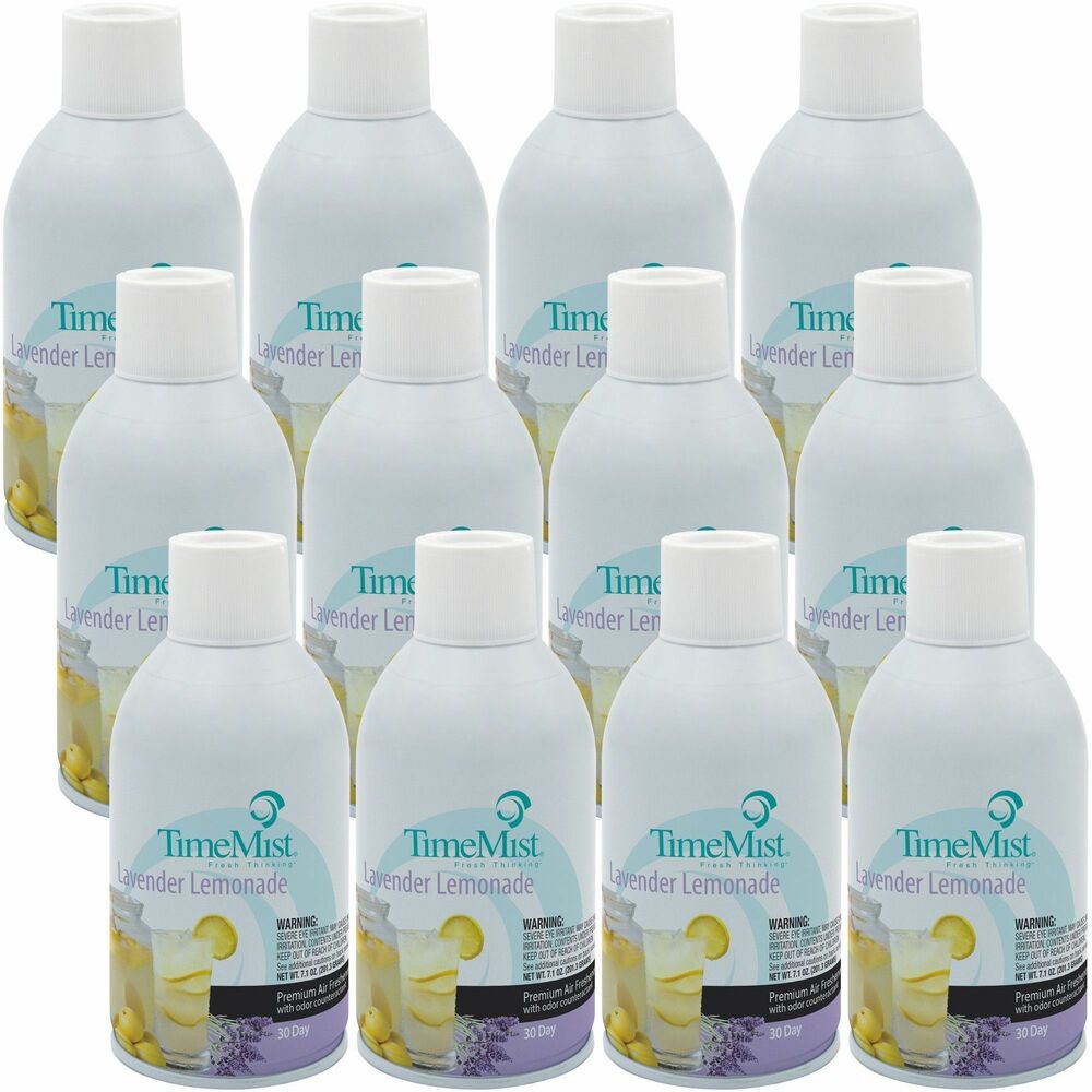 TMS1042757 - Elevate your customer or visitor experience with this innovative, Premium Metered 30-Day Air Freshener - Lavender Lemonade. Perfect for your odor control program, fragrance and odor counteractants in one can neutralize stubborn odors swiftly and provide lasting aromatherapy from the high-quality fragrance made with essential oils. Dual actuator system creates small micron dispersion, eliminating fallout. High fragrance load percentage ensures longest-lasting experience. An innovative infusion of delicate lavender, zesty lemon and watery florals creates a clean, calming sensation. Dual odor counteractants target specific malodor-causing particles. Use this refill in TimeMist full-sized, metered fragrance dispensers (not included) for 30 days of continuous use when set at 15-minute intervals.
