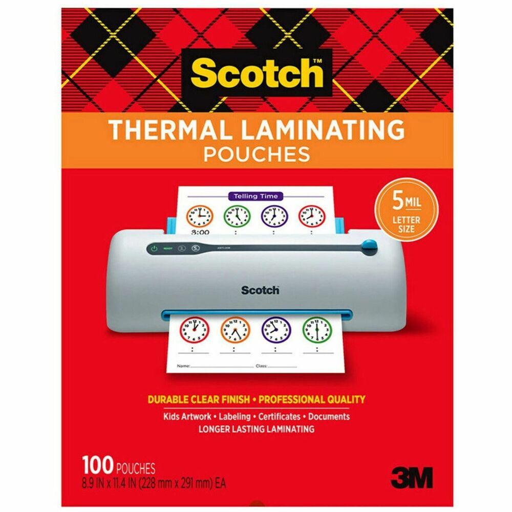 MMMTP5854100 - Thick, durable, Scotch Thermal Laminating Pouches protect documents you handle frequently. These pouches are 5 mil and for use with Scotch thermal laminators. Pouches are clear to let important information show through. They are great for signs, schedules, certificates, children's artwork and more. Each punch laminates items up to 8-1/2" x 11". Actual pouch size is 8-9/10" x 11-1/2". More from the Manufacturer