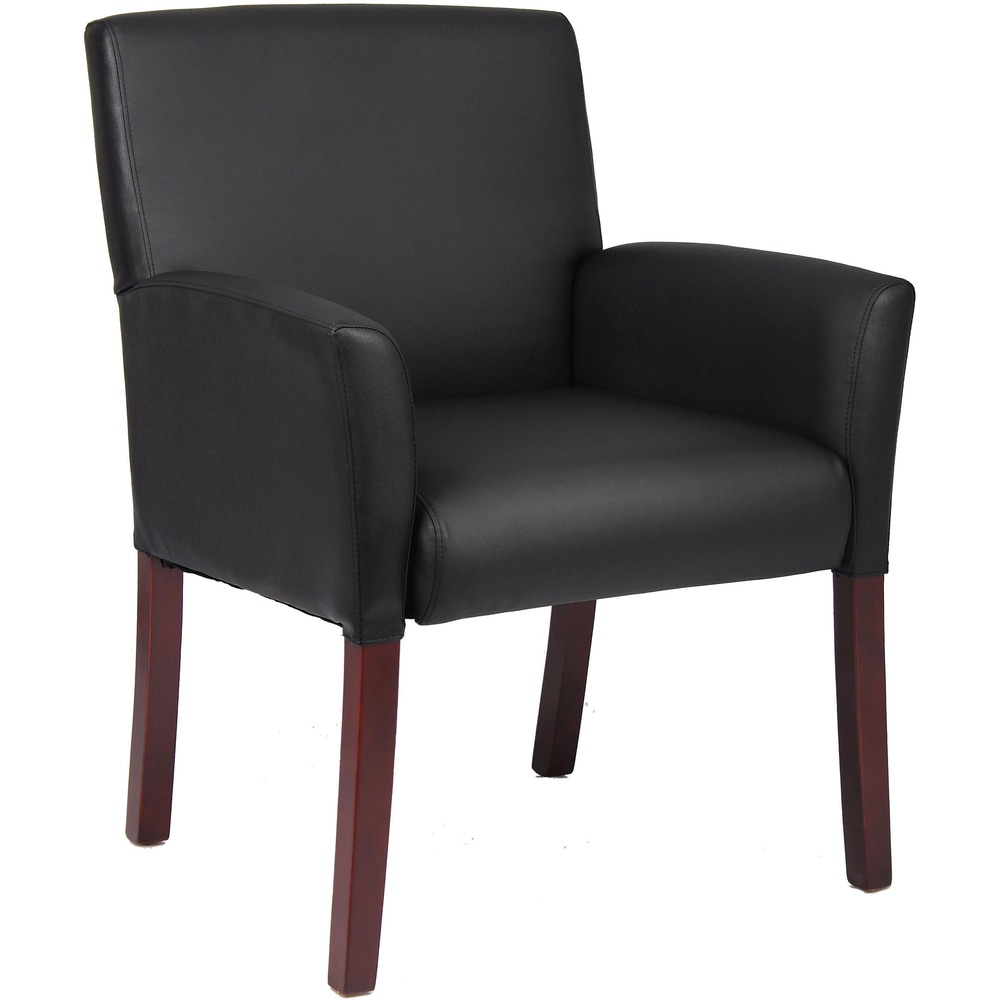BOPB619 - Executive box arm chair is upholstered in Caressoft vinyl to give you the look and feel of leather while allowing it to be easily cleaned with a damp cloth. The softness of the seat is bolstered by the ergonomic, built-in lumbar support that it provides. It also offers spacious box arm styling and sits on wooden legs that are both sturdy and stylish. Its elegant, contemporary design gives your office or reception area an upscale look. This chair is perfect for outfitting your office desk or a waiting room with comfort and class. Box arm chair supports up to 275 lb.