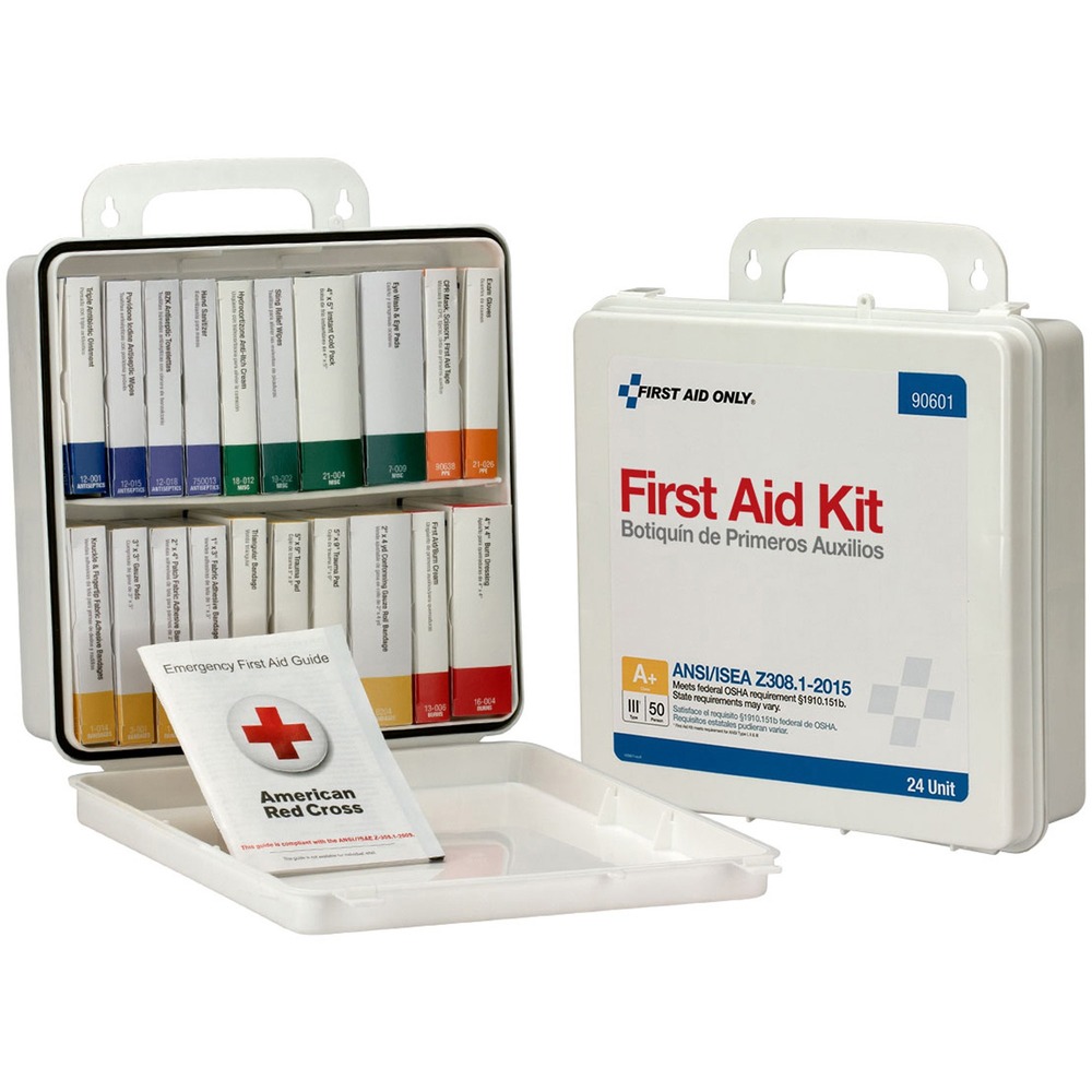 FAO90601 - ANSI first aid kit features unitized contents that exceed the 2015 ANSI Class A requirements to sufficiently treat 50 or more people. Weatherproof case comes with a carrying handle and is wall-mountable to ensure it's always within easy reach. First aid kit includes fabric bandages, first aid tape, CPR mask, scissors, triple antibiotic ointment packets, BZK antiseptic towelettes, burn dressing, first aid/burn cream packets, cold compress, eyewash with pads and strips, hand sanitizer packets, nitrile exam gloves, gauze roll, dressing pads, trauma pad, triangular sling/bandage, first aid guide, adhesive bandages, povidone iodine antiseptic wipes, anti-itch cream packets and sting relief wipes.