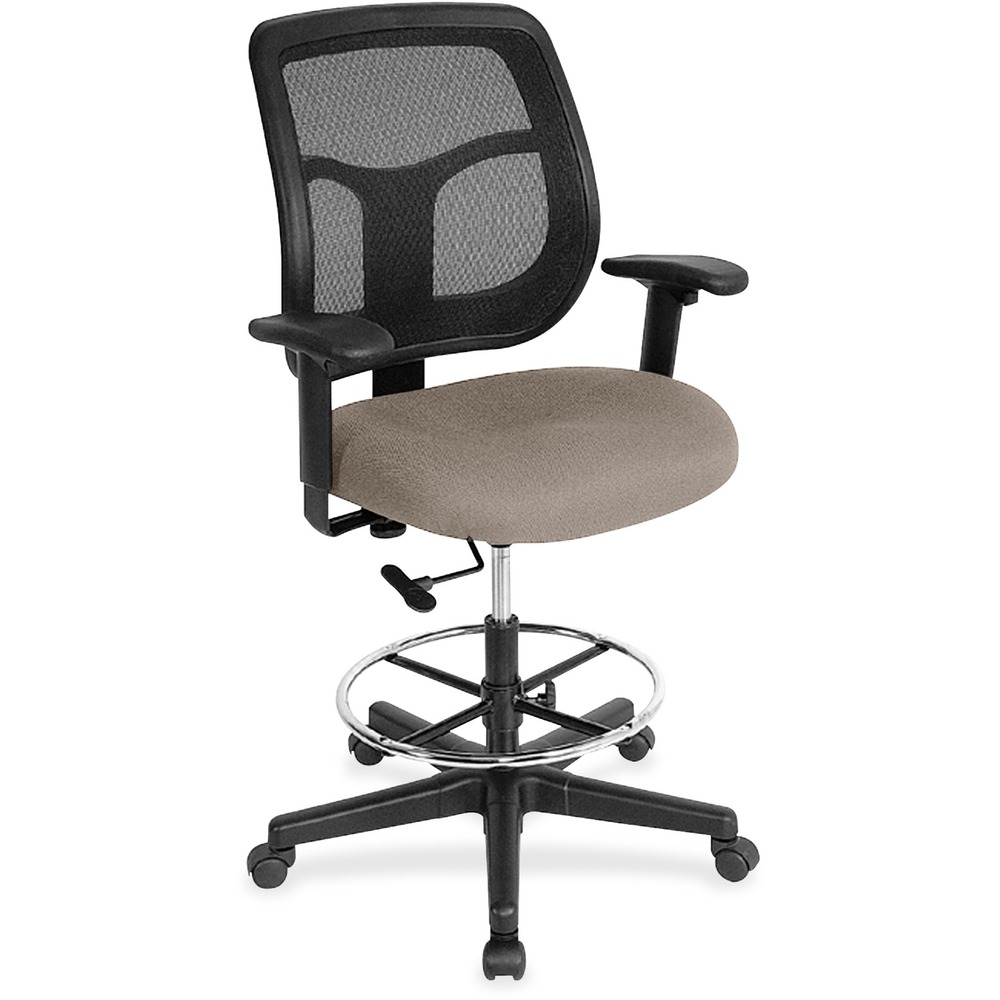 EUTDFT98008 - Apollo Drafting Stool combines value, comfort, adjustability and quality to create a perennial favorite. Breathable, mesh back provides increased airflow and maximum comfort for all-day sitting. Padded waterfall seat with sloping front reduces pressure on back and knees. Seat is made with Dillon Vinyl for enhanced longevity and comfort. Adjust arms in or out and up or down for proper ergonomic positioning. Backrest adjusts up or down relative to the seat for personalized lumbar support. Set seat height to your desired position relative to the floor. Stool includes casters and glides for easy mobility. Chair is Greenguard certified to have low chemical emissions.