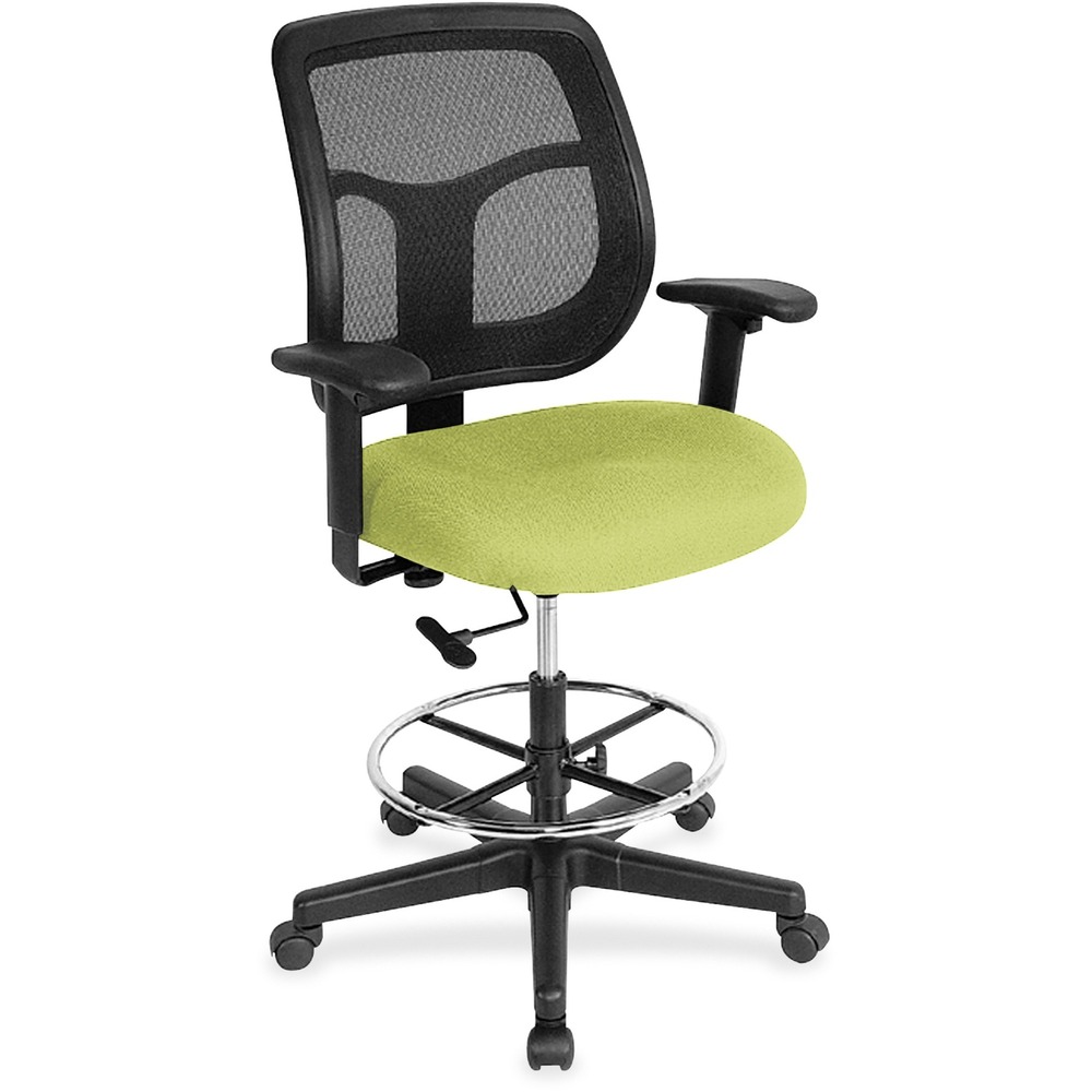 EUTDFT98009 - Apollo Drafting Stool combines value, comfort, adjustability and quality to create a perennial favorite. Breathable, mesh back provides increased airflow and maximum comfort for all-day sitting. Padded waterfall seat with sloping front reduces pressure on back and knees. Seat is made with Dillon Vinyl for enhanced longevity and comfort. Adjust arms in or out and up or down for proper ergonomic positioning. Backrest adjusts up or down relative to the seat for personalized lumbar support. Set seat height to your desired position relative to the floor. Stool includes casters and glides for easy mobility. Chair is Greenguard certified to have low chemical emissions.