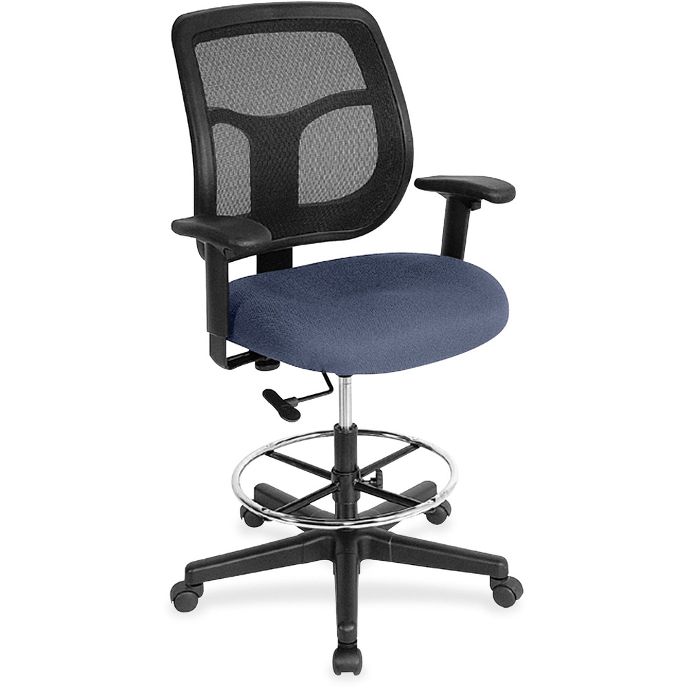 EUTDFT98010 - Apollo Drafting Stool combines value, comfort, adjustability and quality to create a perennial favorite. Breathable, mesh back provides increased airflow and maximum comfort for all-day sitting. Padded waterfall seat with sloping front reduces pressure on back and knees. Seat is made with Dillon Vinyl for enhanced longevity and comfort. Adjust arms in or out and up or down for proper ergonomic positioning. Backrest adjusts up or down relative to the seat for personalized lumbar support. Set seat height to your desired position relative to the floor. Stool includes casters and glides for easy mobility. Chair is Greenguard certified to have low chemical emissions.