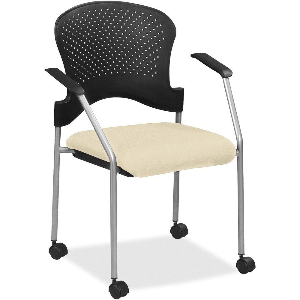 EUTFS8270007 - Breeze Side Chair features a contemporary design, adding a modern touch to training rooms, boardrooms and more. Contoured back supports better posture for comfortable sitting during long periods. Dillon vinyl-upholstered, cushioned seat covers are made with soft-to-the-touch fabric, providing enhanced comfort. Armrests allow you to sit in a relaxed position. Powder-coated, steel tubing creates sturdy support and protects legs from chipping. Perforated back allows air to flow freely to help you stay cool. Included casters provide easy mobility.