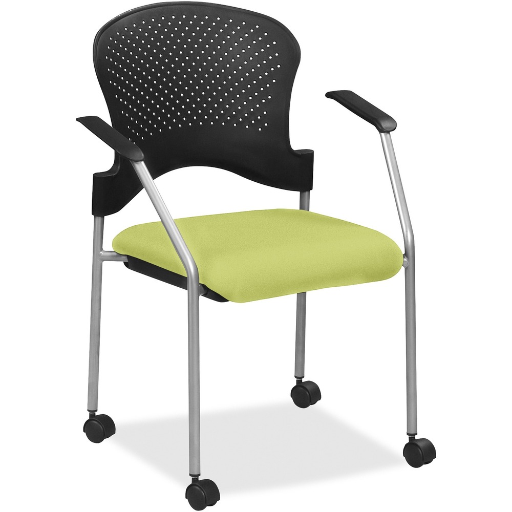 EUTFS8270009 - Breeze Side Chair features a contemporary design, adding a modern touch to training rooms, boardrooms and more. Contoured back supports better posture for comfortable sitting during long periods. Dillon vinyl-upholstered, cushioned seat covers are made with soft-to-the-touch fabric, providing enhanced comfort. Armrests allow you to sit in a relaxed position. Powder-coated, steel tubing creates sturdy support and protects legs from chipping. Perforated back allows air to flow freely to help you stay cool. Included casters provide easy mobility.