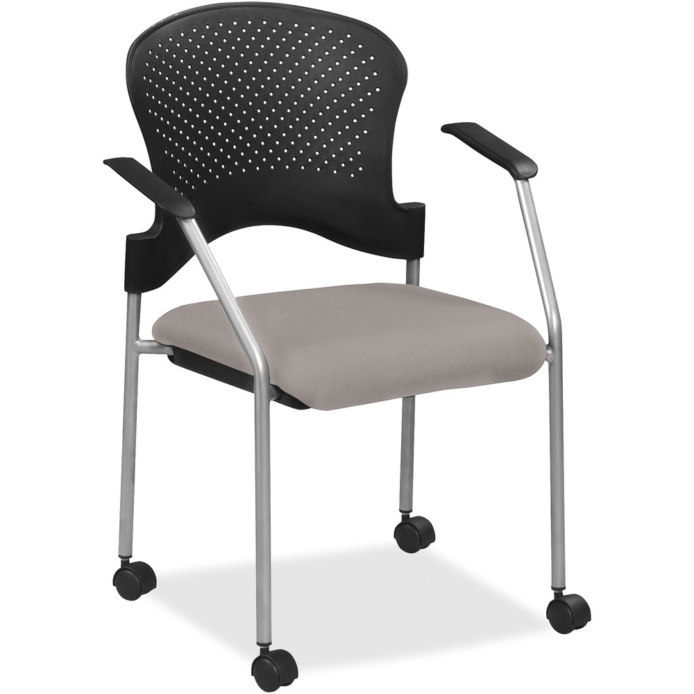 EUTFS8270071 - Breeze Side Chair features a contemporary design, adding a modern touch to training rooms, boardrooms and more. Contoured back supports better posture for comfortable sitting during long periods. Castillo vinyl-upholstered, cushioned seat covers are made with soft-to-the-touch fabric, providing enhanced comfort. Armrests allow you to sit in a relaxed position. Powder-coated, steel tubing creates sturdy support and protects legs from chipping. Perforated back allows air to flow freely to help you stay cool. Included casters provide easy mobility.