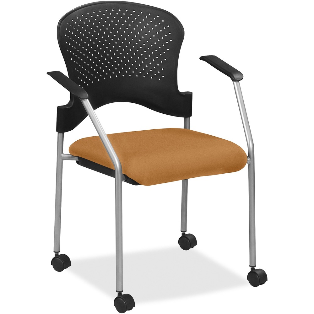 EUTFS8270073 - Breeze Side Chair features a contemporary design, adding a modern touch to training rooms, boardrooms and more. Contoured back supports better posture for comfortable sitting during long periods. Dillon vinyl-upholstered, cushioned seat covers are made with soft-to-the-touch fabric, providing enhanced comfort. Armrests allow you to sit in a relaxed position. Powder-coated, steel tubing creates sturdy support and protects legs from chipping. Perforated back allows air to flow freely to help you stay cool. Included casters provide easy mobility.