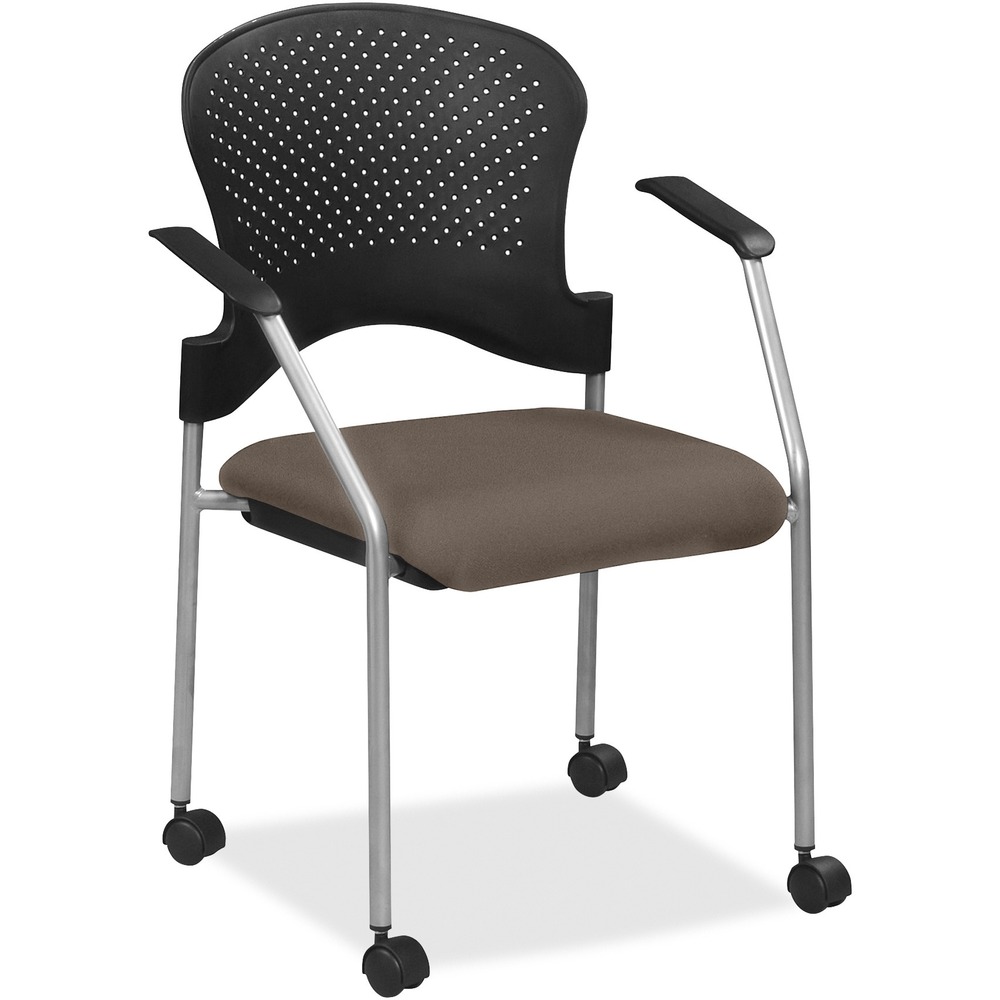 EUTFS8270077 - Breeze Side Chair features a contemporary design, adding a modern touch to training rooms, boardrooms and more. Contoured back supports better posture for comfortable sitting during long periods. Dillon vinyl-upholstered, cushioned seat covers are made with soft-to-the-touch fabric, providing enhanced comfort. Armrests allow you to sit in a relaxed position. Powder-coated, steel tubing creates sturdy support and protects legs from chipping. Perforated back allows air to flow freely to help you stay cool. Included casters provide easy mobility.