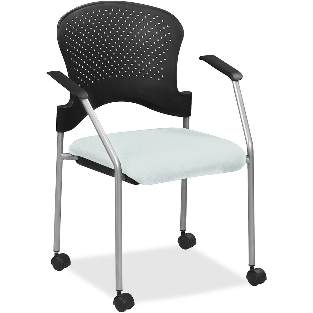 EUTFS8270102 - Breeze Side Chair features a contemporary design, adding a modern touch to training rooms, boardrooms and more. Contoured back supports better posture for comfortable sitting during long periods. Castillo vinyl-upholstered, cushioned seat covers are made with soft-to-the-touch fabric, providing enhanced comfort. Armrests allow you to sit in a relaxed position. Powder-coated, steel tubing creates sturdy support and protects legs from chipping. Perforated back allows air to flow freely to help you stay cool. Included casters provide easy mobility.