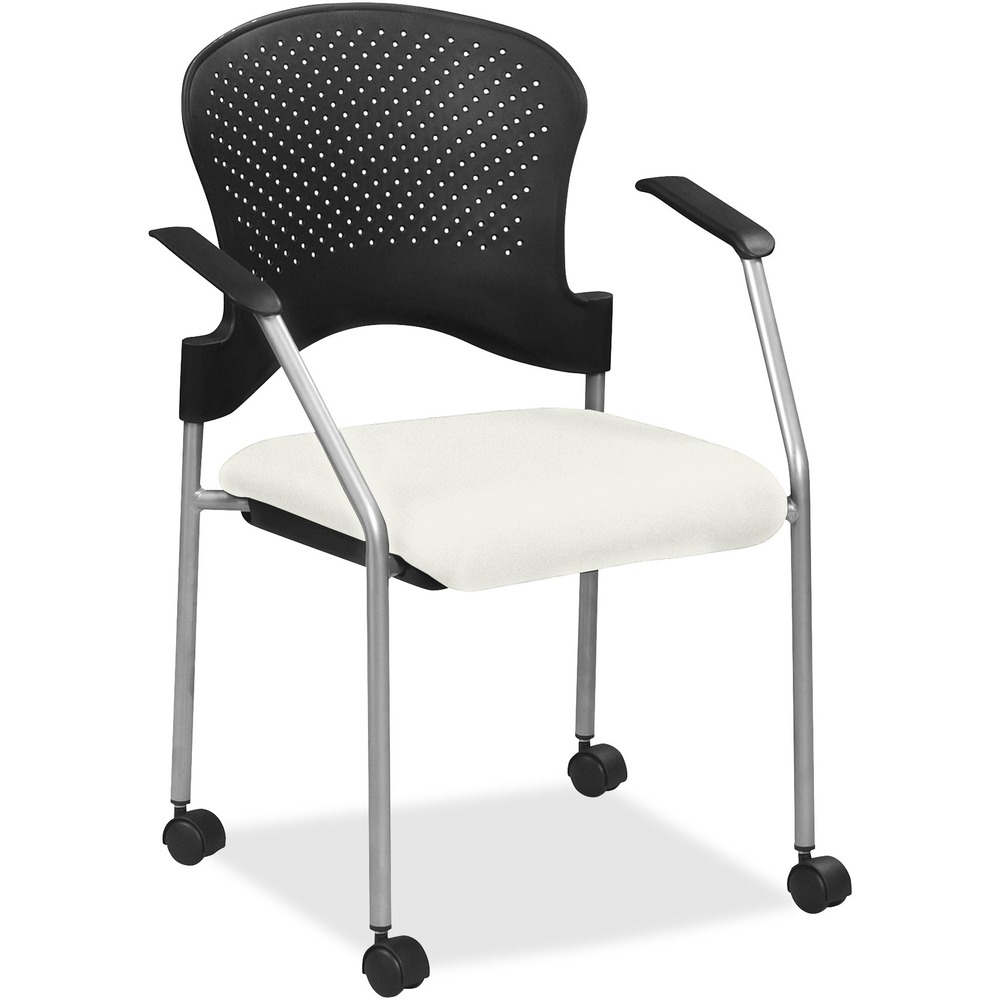 EUTFS8270103 - Breeze Side Chair features a contemporary design, adding a modern touch to training rooms, boardrooms and more. Contoured back supports better posture for comfortable sitting during long periods. Dillon vinyl-upholstered, cushioned seat covers are made with soft-to-the-touch fabric, providing enhanced comfort. Armrests allow you to sit in a relaxed position. Powder-coated, steel tubing creates sturdy support and protects legs from chipping. Perforated back allows air to flow freely to help you stay cool. Included casters provide easy mobility.