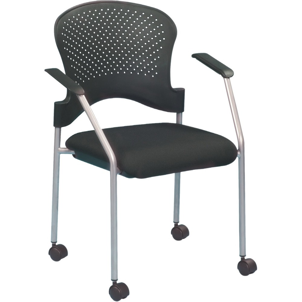 EUTFS8270105 - Breeze Side Chair features a contemporary design, adding a modern touch to training rooms, boardrooms and more. Contoured back supports better posture for comfortable sitting during long periods. Canyon vinyl-upholstered, cushioned seat covers are made with soft-to-the-touch fabric, providing enhanced comfort. Armrests allow you to sit in a relaxed position. Powder-coated, steel tubing creates sturdy support and protects legs from chipping. Perforated back allows air to flow freely to help you stay cool. Included casters provide easy mobility.