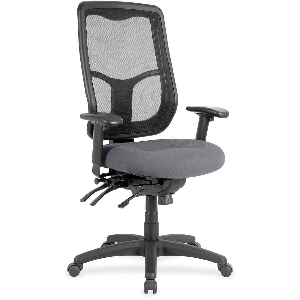 EUTMFH9SL101 - Apollo High Back Multifunction Chair features a ratchet back that moves up or down relative to the seat for lumbar support and comfort. Set back at an angle for personalized comfort in reclined position. Seat-height adjustment lets you position the seat height relative to the floor. Adjust tension to rock back and forth. Seat depth slides relative to back for ultimate, customized seating. Canyon vinyl-upholstered, padded, waterfall seat with sloping front reduces pressure on the back of the knees. Tilt-tension control with tilt lock allows you to adjust the recline rate based on your weight. Tilt seat forward to change the seat angle for a comfortable position when you're using a keyboard. Depth-adjustable arms slide forward or backward for proper ergonomic positioning. Arm-height adjustment adjusts arm up or down while arm pads angle in or out. Nylon, five-star base features casters for easy mobility. Chair is Greenguard certified to have low chemical emissions.