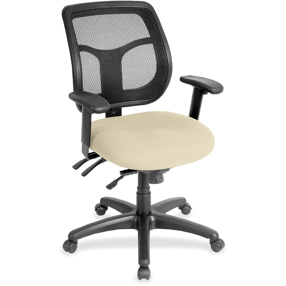 EUTMFT945007 - Apollo Multifunction Task Chair features a ratchet back that moves up or down relative to the seat for lumbar support and comfort. Mesh back provides enhances airflow for breathability. Set back at an angle for personalized comfort in reclined position. Seat-height adjustment lets you position the seat height relative to the floor. Chair rocks back and forth with adjustable, center-tilt mechanism. Dillon vinyl-upholstered, padded waterfall seat with sloping front reduces pressure on the back of the knees. Tilt-tension control with tilt lock allows you to adjust the recline rate based on your weight. Seat tilts forward to change the angle for a comfortable position when you're using a keyboard. Arm-height adjustment adjusts arm up or down while arm pads angle in or out. Nylon, five-star base features casters for easy mobility. Chair is Greenguard certified to have low chemical emissions.