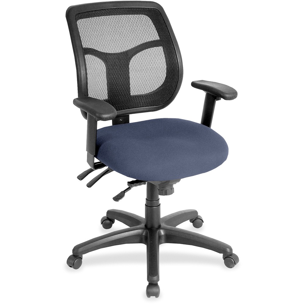 EUTMFT945010 - Apollo Multifunction Task Chair features a ratchet back that moves up or down relative to the seat for lumbar support and comfort. Mesh back provides enhances airflow for breathability. Set back at an angle for personalized comfort in reclined position. Seat-height adjustment lets you position the seat height relative to the floor. Chair rocks back and forth with adjustable, center-tilt mechanism. Dillon vinyl-upholstered, padded waterfall seat with sloping front reduces pressure on the back of the knees. Tilt-tension control with tilt lock allows you to adjust the recline rate based on your weight. Seat tilts forward to change the angle for a comfortable position when you're using a keyboard. Arm-height adjustment adjusts arm up or down while arm pads angle in or out. Nylon, five-star base features casters for easy mobility. Chair is Greenguard certified to have low chemical emissions.