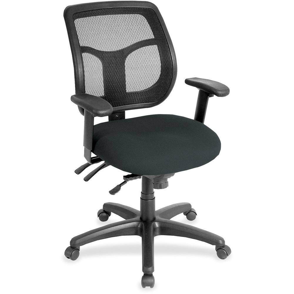 EUTMFT945076 - Apollo Multifunction Task Chair features a ratchet back that moves up or down relative to the seat for lumbar support and comfort. Mesh back provides enhances airflow for breathability. Set back at an angle for personalized comfort in reclined position. Seat-height adjustment lets you position the seat height relative to the floor. Chair rocks back and forth with adjustable, center-tilt mechanism. Dillon vinyl-upholstered, padded waterfall seat with sloping front reduces pressure on the back of the knees. Tilt-tension control with tilt lock allows you to adjust the recline rate based on your weight. Seat tilts forward to change the angle for a comfortable position when you're using a keyboard. Arm-height adjustment adjusts arm up or down while arm pads angle in or out. Nylon, five-star base features casters for easy mobility. Chair is Greenguard certified to have low chemical emissions.