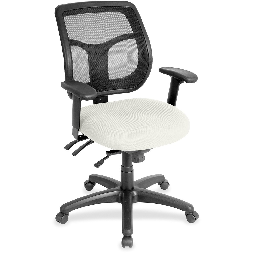 EUTMFT945103 - Apollo Multifunction Task Chair features a ratchet back that moves up or down relative to the seat for lumbar support and comfort. Mesh back provides enhances airflow for breathability. Set back at an angle for personalized comfort in reclined position. Seat-height adjustment lets you position the seat height relative to the floor. Chair rocks back and forth with adjustable, center-tilt mechanism. Dillon vinyl-upholstered, padded waterfall seat with sloping front reduces pressure on the back of the knees. Tilt-tension control with tilt lock allows you to adjust the recline rate based on your weight. Seat tilts forward to change the angle for a comfortable position when you're using a keyboard. Arm-height adjustment adjusts arm up or down while arm pads angle in or out. Nylon, five-star base features casters for easy mobility. Chair is Greenguard certified to have low chemical emissions.