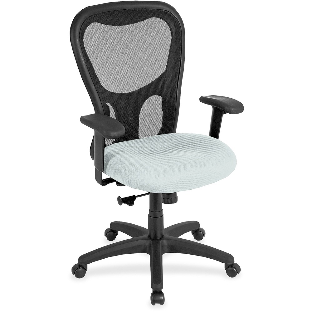 EUTMM9500102 - Apollo Synchro High Back Chair combines comfort, adjustability and quality for seating well-suited for long hours at the office. Breathable, black mesh back conforms to your back for the right amount of support. Castillo vinyl-upholstered, cushioned seat is comfortably contoured. Padded waterfall seat with sloping front reduces pressure on the back of the knees. Tilt-tension control recline rate adapts to weight of user. Tilt lock locks out tilt function. Synchro-tilt back reclines in a preset ratio to seat. Seat-height adjustment sets seat height from 18.9" to 22.4" for your preferred position relative to floor. Width-adjustable arms adjust arms in or out for proper ergonomic positioning. Arm-height adjustment adjusts arm up or down for proper ergonomic positioning while seated. Chair also features casters on the black nylon, five-star base for easy mobility. Chair is Greenguard certified to have low chemical emissions.