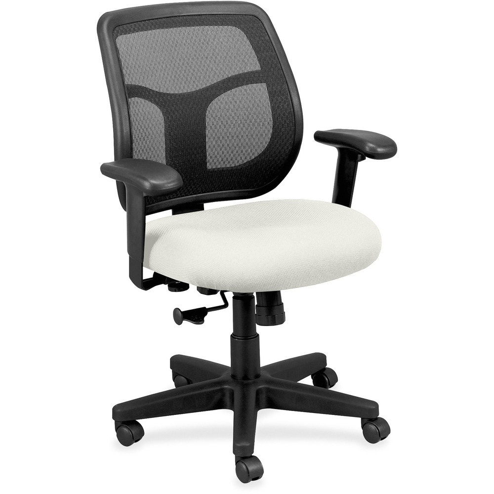 EUTMT9400103 - Apollo Mid Back Task Chair combines value, comfort, adjustability and quality to create a perennial favorite. Breathable, mesh back provides increased airflow and maximum comfort for all-day sitting. Ratchet back adjusts up or down relative to the seat for personalized lumbar support and comfort. Tilt-tension control features a recline rate that adapts to your weight. Lockout tilt function prevents tilting. Synchro-tilt mechanism lets the back recline in a preset ratio to the seat for relaxed positioning. Dillon vinyl-upholstered, padded, waterfall seat with sloping front reduces pressure on back of knees. Width-adjustable and height-adjustable arms move in or out and up or down for proper ergonomic positioning. Seat-height adjustment sets seat height to your desired position relative to the floor. Chair is Greenguard certified to have low chemical emissions.