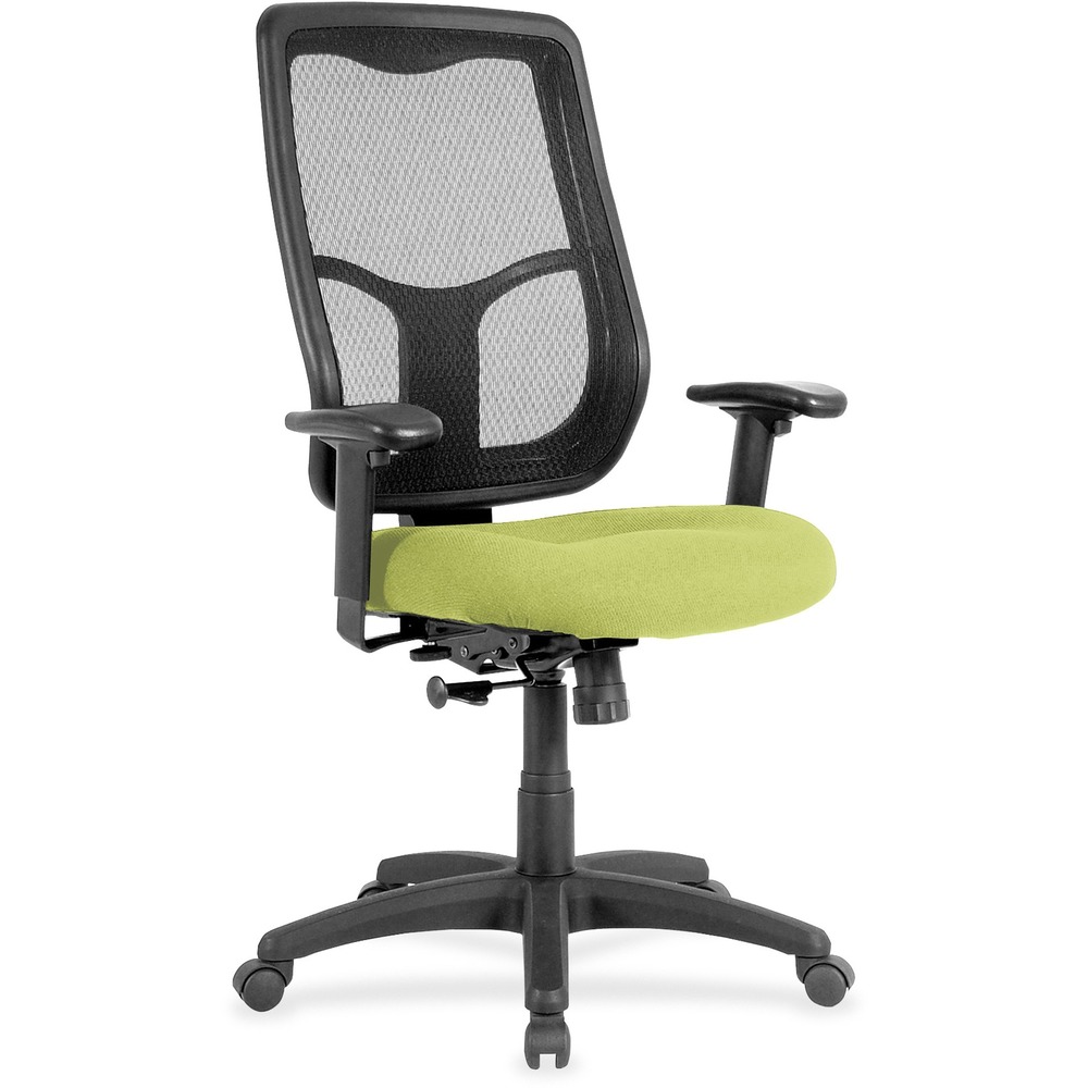 EUTMTHB94009 - Apollo High Back Chair with Ratchet Back combines value, comfort, adjustability and quality to give you a comfortable seating option with a breathable, mesh back. Tilt tension control with tilt lock allows you to adjust the recline rate based on your weight. Synchro-tilt allows the back to recline in a preset ratio to the seat. Seat-height adjustment allows you to set the height to the desired position relative to the floor. Fabric-upholstered, waterfall seat slopes to reduce pressure on the back of your knees for extra comfort through prolonged periods. Arms are both width-adjustable and height-adjustable for proper ergonomic positioning. 2.8" ratchet-back, height adjustment allows the backrest to easily adjust up or down relative to the seat for personalized lumbar region support and comfort. Chair is Greenguard certified to have low chemical emissions.
