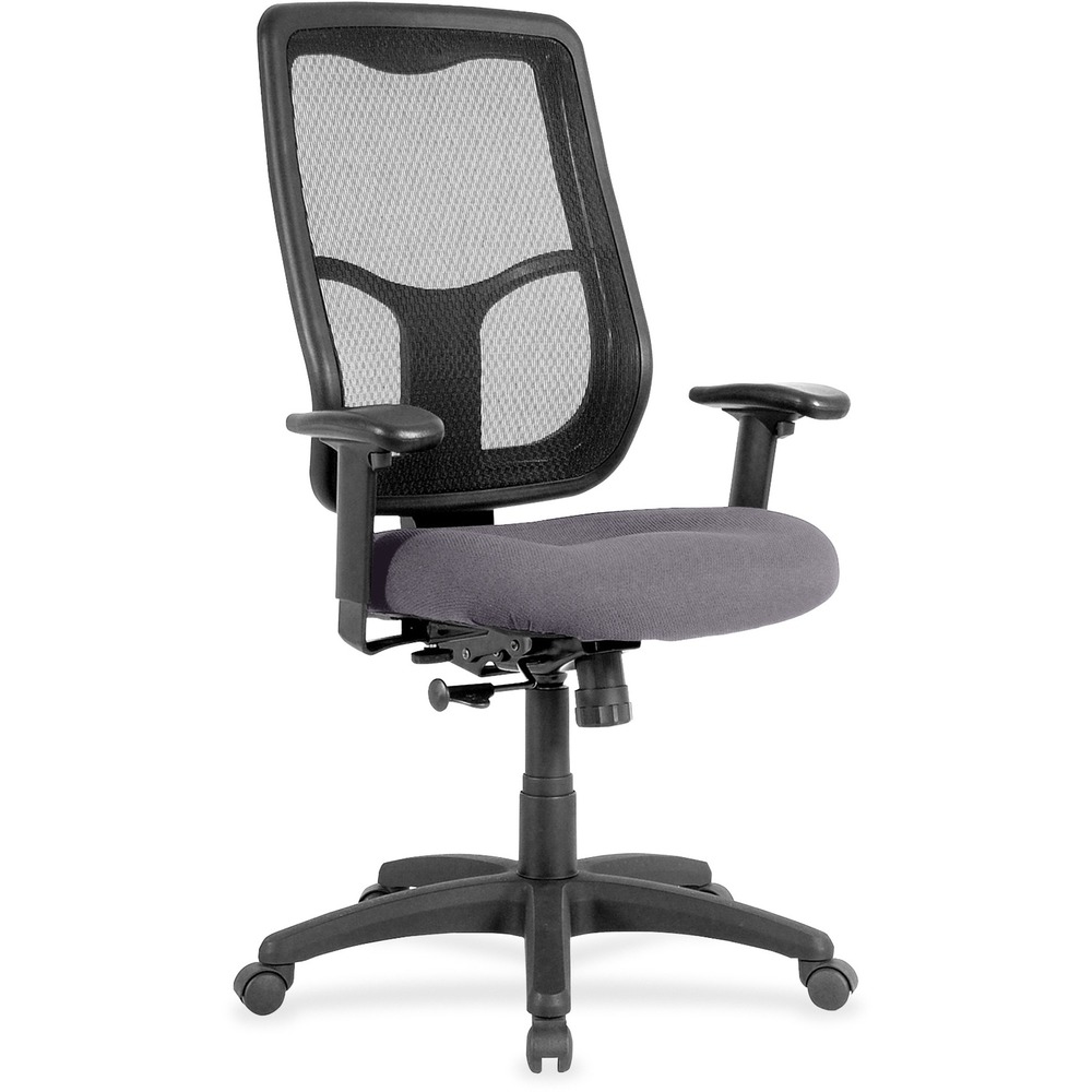 EUTMTHB94101 - Apollo High Back Chair with Ratchet Back combines value, comfort, adjustability and quality to give you a comfortable seating option with a breathable, mesh back. Tilt tension control with tilt lock allows you to adjust the recline rate based on your weight. Synchro-tilt allows the back to recline in a preset ratio to the seat. Seat-height adjustment allows you to set the height to the desired position relative to the floor. Dillon vinyl-upholstered, waterfall seat slopes to reduce pressure on the back of your knees for extra comfort through prolonged periods. Arms are both width-adjustable and height-adjustable for proper ergonomic positioning. 2.8" ratchet-back, height adjustment allows the backrest to easily adjust up or down relative to the seat for personalized lumbar region support and comfort. Chair is Greenguard certified to have low chemical emissions.