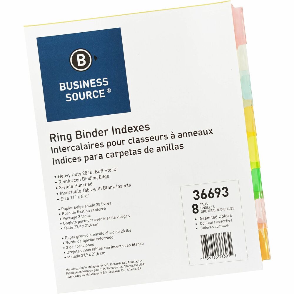 BSN36693BX - Ring binder indexes feature strong, insertable multicolored tabs that resist tearing. Buff index material includes plastic reinforcement on binding edges that resists tear-out. Three-hole punched design allows easy insertion into standard-size binders. Indexes include blank white inserts to use for the subject tabs on a strip scored for easy separation.