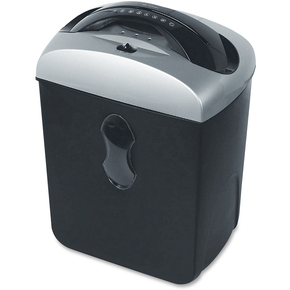 NSN6313694 - Personal-size, cross-cut paper shredder shreds paper to a size of 5/32" x 1" with Security Level 3. Simply insert sheets into the 8-3/4" wide top feed entry and shreds 10 sheets of paper per pass. Shred paper, CDs, DVDs and credit cards. Shredder includes a 5.5 gallon capacity shred container. Hardened steel cutters ensure a lasting, precise cut and stand up to wear. Motor is thermally protected against overheating under prolonged use. Shredder is recommended for one or two users.