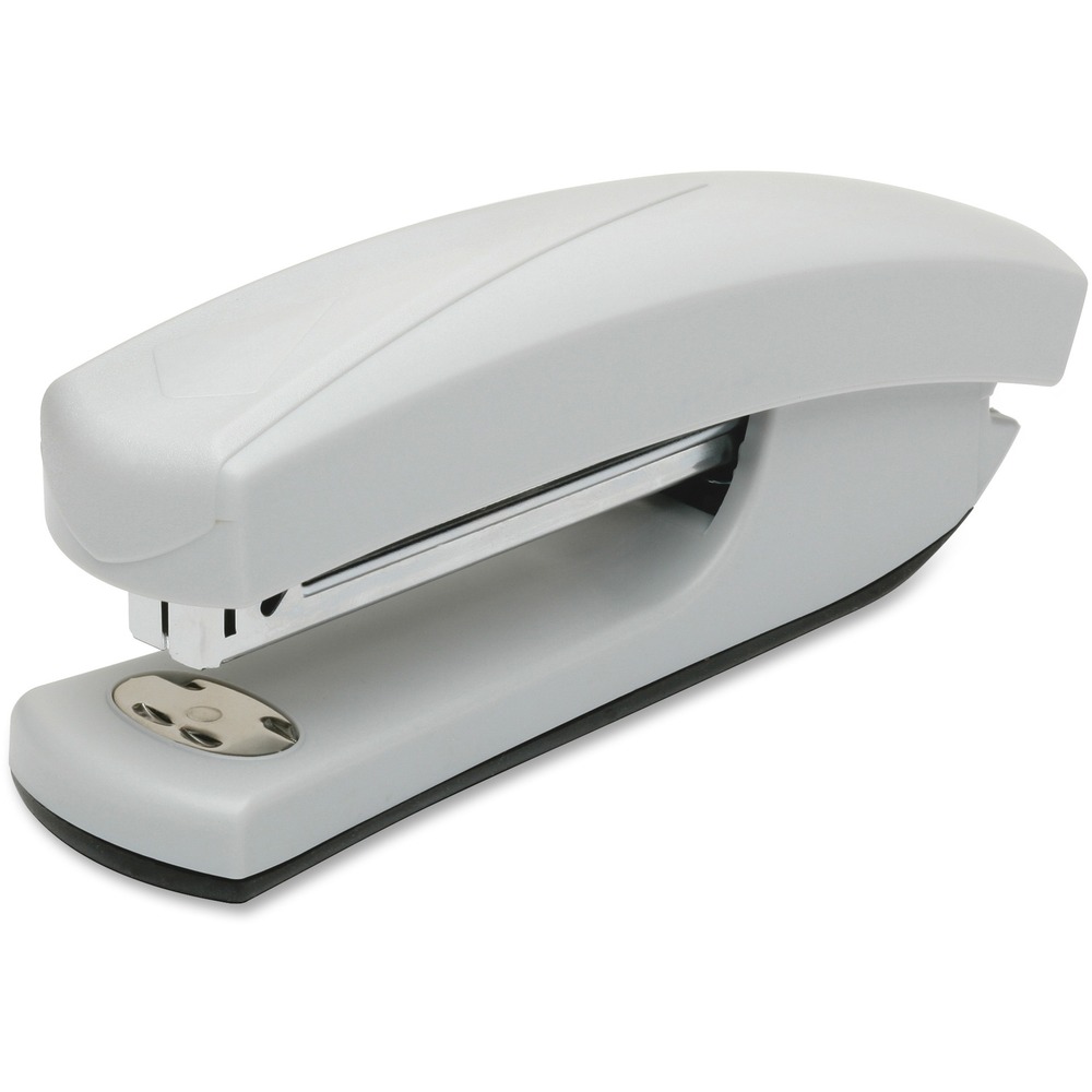 NSN6443712 - Light-duty desktop stapler features an ergonomic design and fastens up to 20 sheets at a time. It opens easily for tacking - standard or pin clinch. Design includes patented single channel, 3-3/13" throat depth, and corrosion-resistant metal components with durable plastic top and bottom. Nonslip rubber base pad protects surfaces. Full-strip stapler holds 210 standard staples.