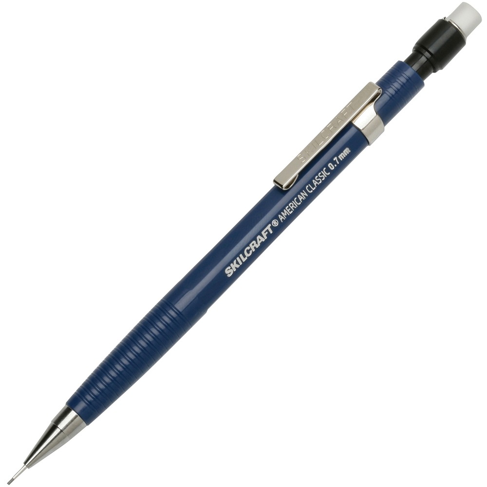 NSN6522439 - Perfect for drafting, this push-action mechanical pencil features a fixed pipe that minimizes lead movement and breakage. Eraser and lead are refillable for continued use. Mechanical pencil includes a spring pocket clip, plastic barrel, replaceable eraser and four lead refills in the interior storage compartment.