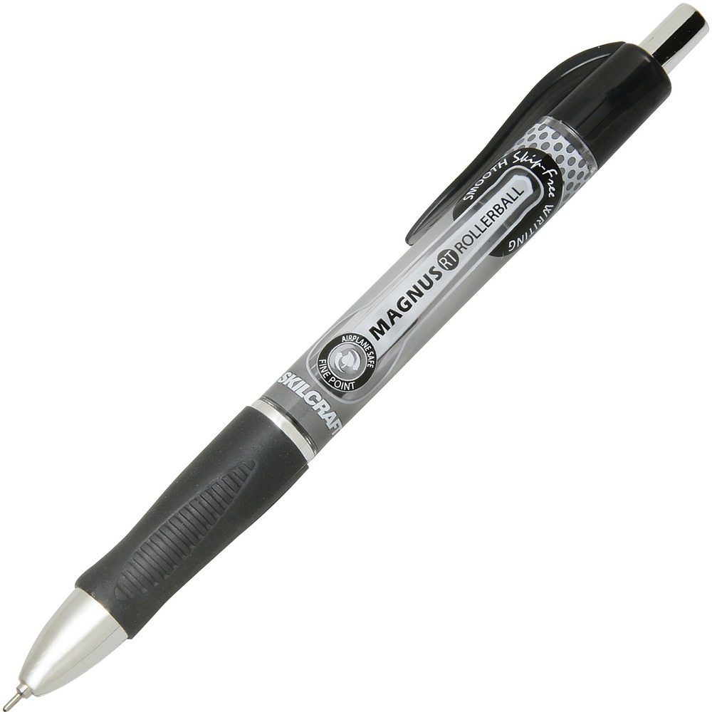 NSN6539298 - This retractable rollerball pen features a sleek design with a 0.7mm tip for precision and airplane-safe, pigment-based liquid ink. Plastic barrel includes a rubberized grip for comfort, metal plunger and nose cone, and a color-coordinated pocket clip.