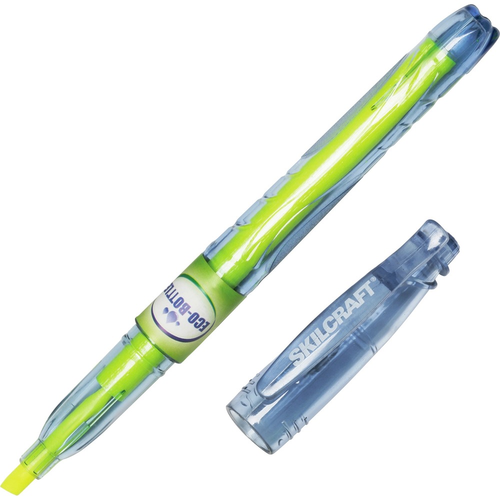 NSN6578559 - Eco-bottle highlighter with yellow fluorescent ink is made from 100 percent recycled plastic water bottles to minimize its environmental impact and offer a sustainable writing utensil. Versatile chisel tip creates either fine or medium lines to highlight or underline important sections and words. Transparent ink barrel lets you quickly monitor your current ink supply to prevent unexpected depletion. Highlighter is perfect for business professionals, students, teachers and more.
